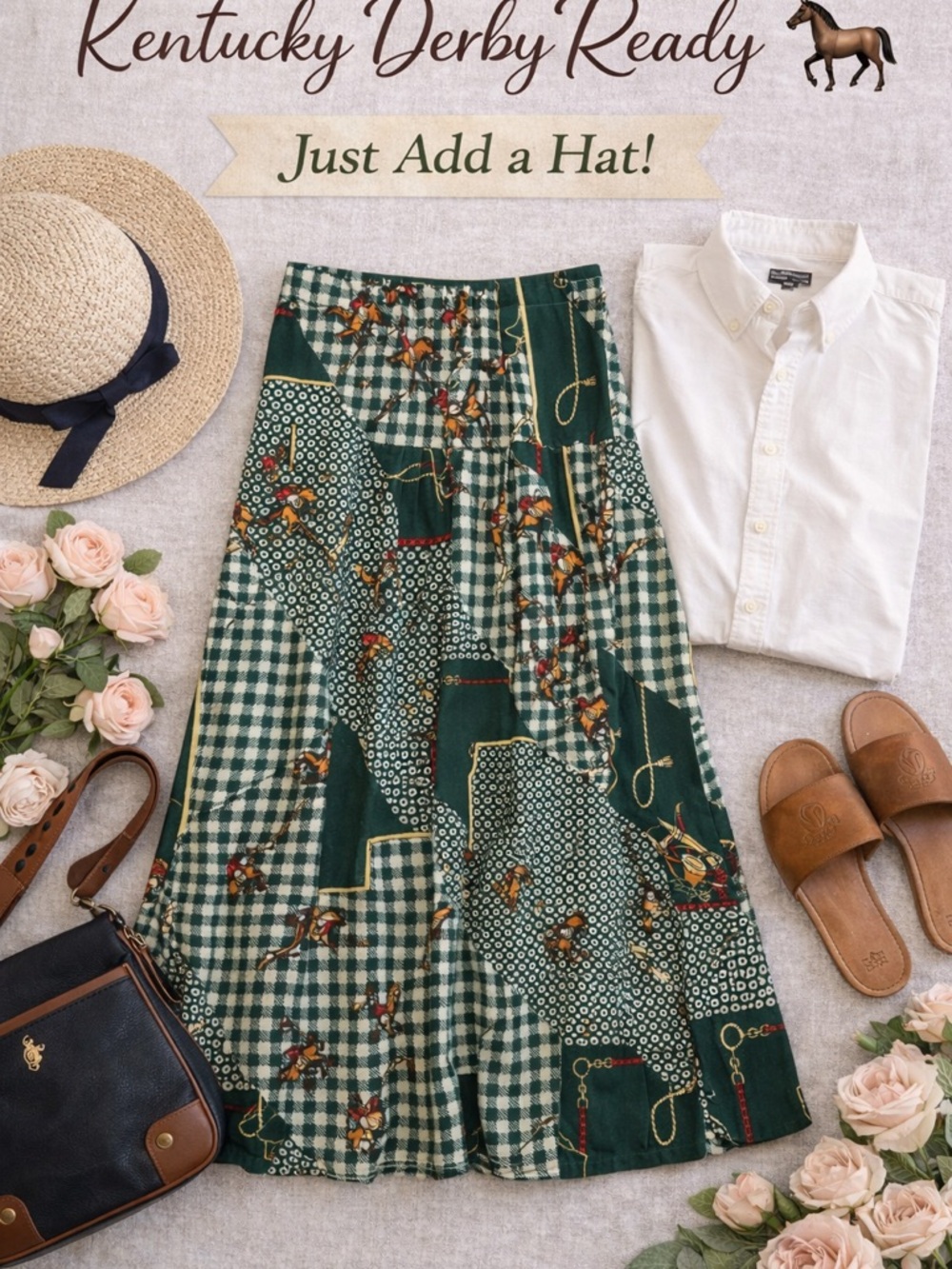 Vintage Horse Print Skirt Ralph Lauren Style Kentucky Derby Equestrian Size 8/10